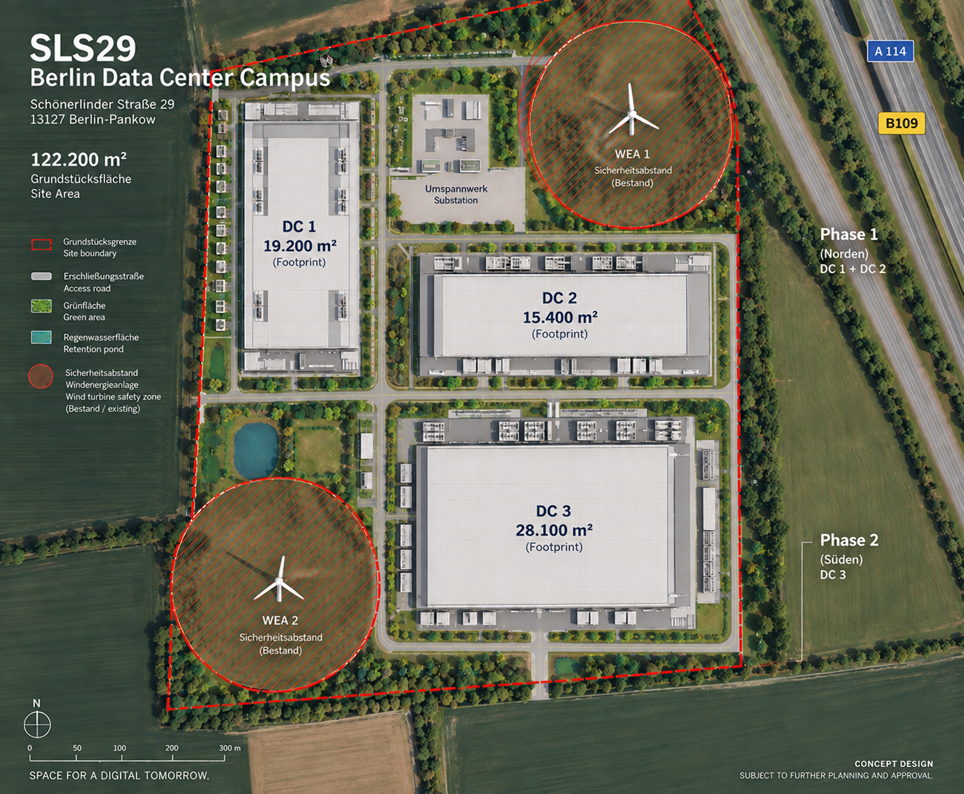 Concept site plan of the SLS29 campus with three data center blocks DC 1, DC 2 and DC 3, on-site substation and wind turbine safety zones